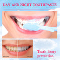 Kids Foam Toothpaste shown as blue foam on a toothbrush brushing teeth, with before-and-after whitening and decay prevention claims