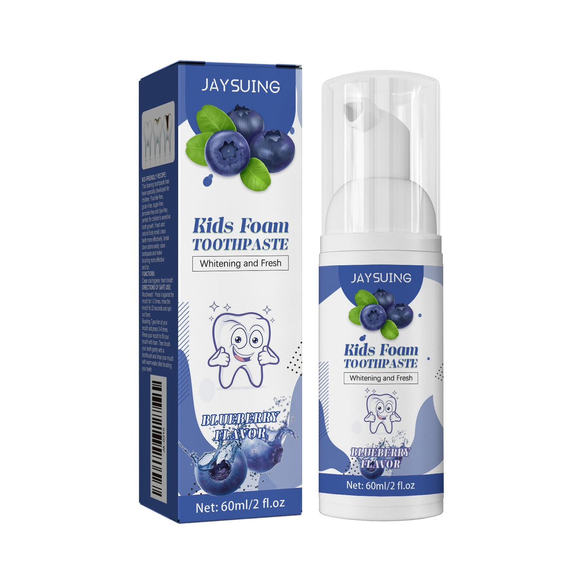 Kids Foam Toothpaste in a blue-and-white plastic pump bottle with matching box, blueberry graphics and cartoon tooth design