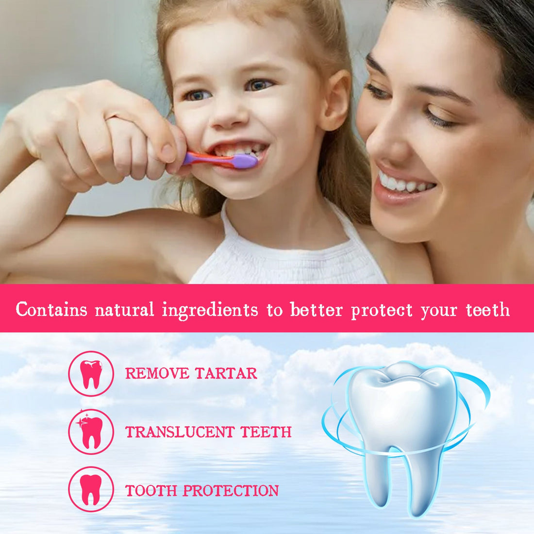 Kids Foam Toothpaste in red and blue pump bottles with matching cartons, fruit graphics and fluoride labels beside a child brushing her teeth
