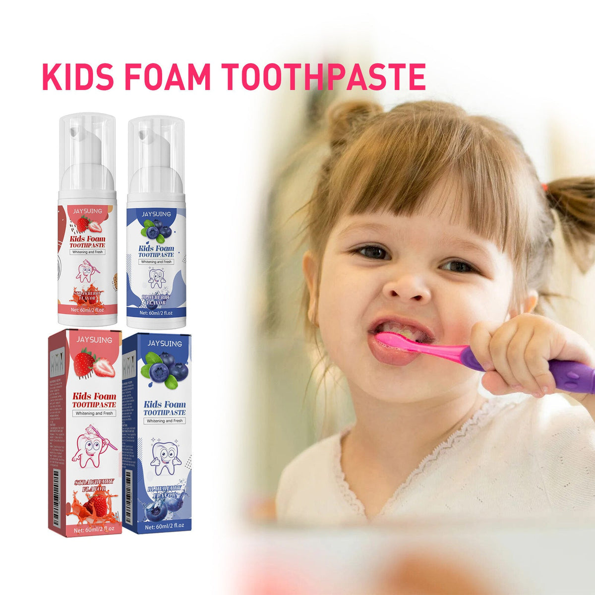 Kids Foam Toothpaste in red and blue pump bottles with matching cartons, fruit graphics and fluoride labels beside a child brushing her teeth
