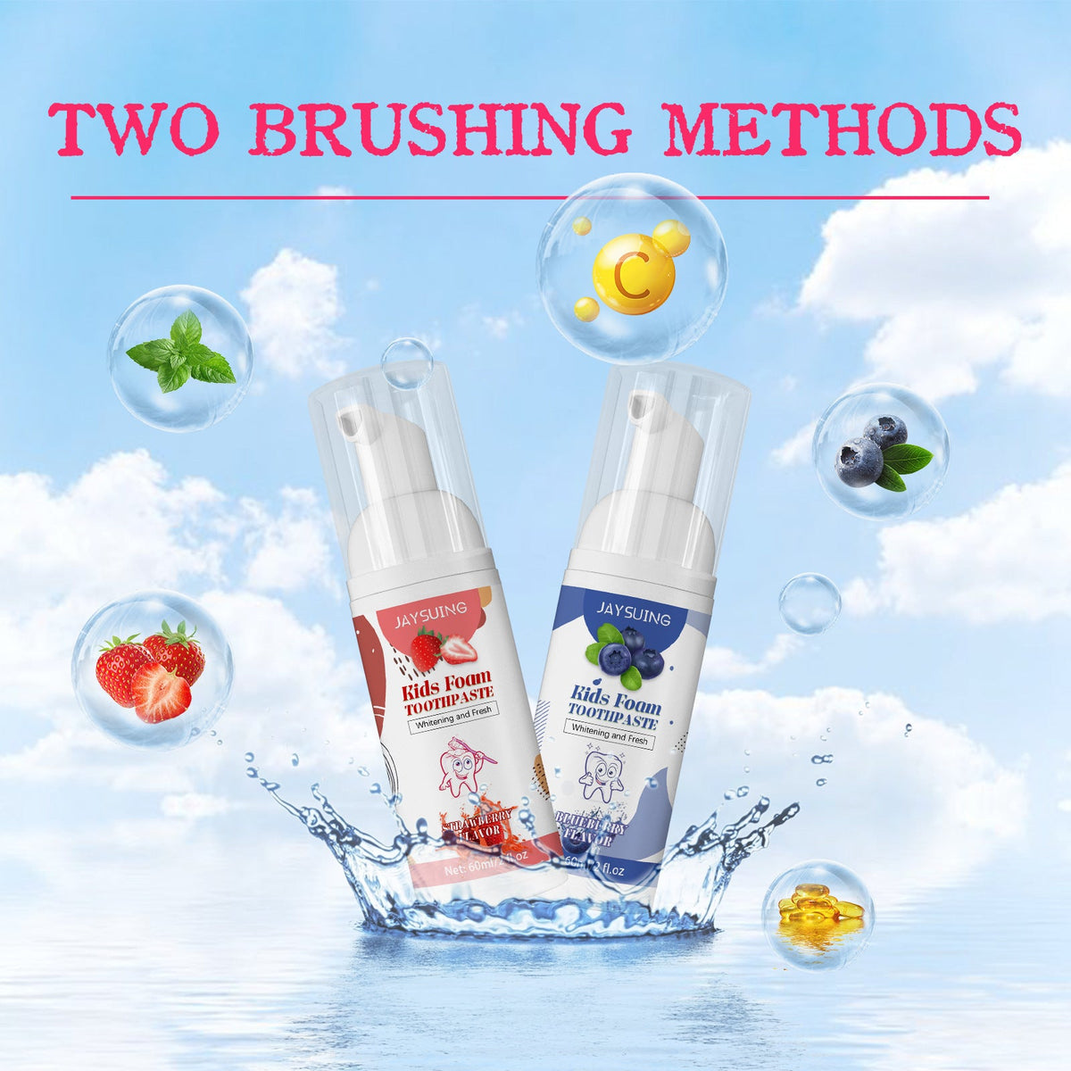 Kids Foam Toothpaste foam pump bottles in white with red and blue labels, fruit graphics and clear dispensing caps