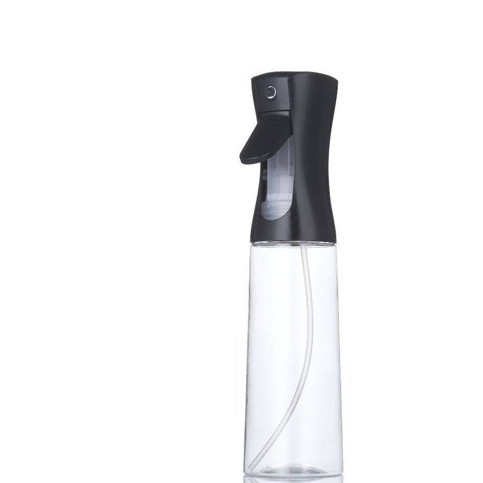 Kitchen Oil Spray Bottle with a clear transparent plastic reservoir and black manual trigger sprayer, featuring a curved nozzle.
