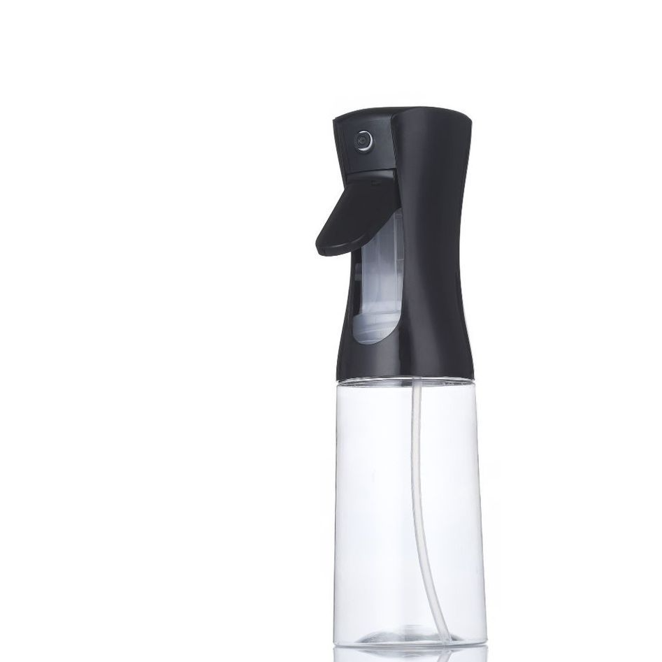 Kitchen Oil Spray Bottle with a clear plastic reservoir, black spray top and visible internal dip tube.