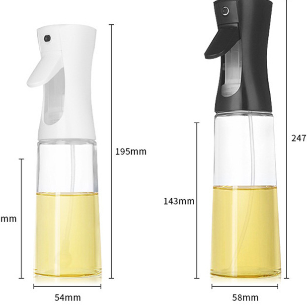 Kitchen Oil Spray Bottle in white and black plastic spray heads with clear bottles containing yellow oil
