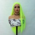 Lace Front Long Straight Synthetic Wig in fluorescent lime green, with sleek straight strands and a center part