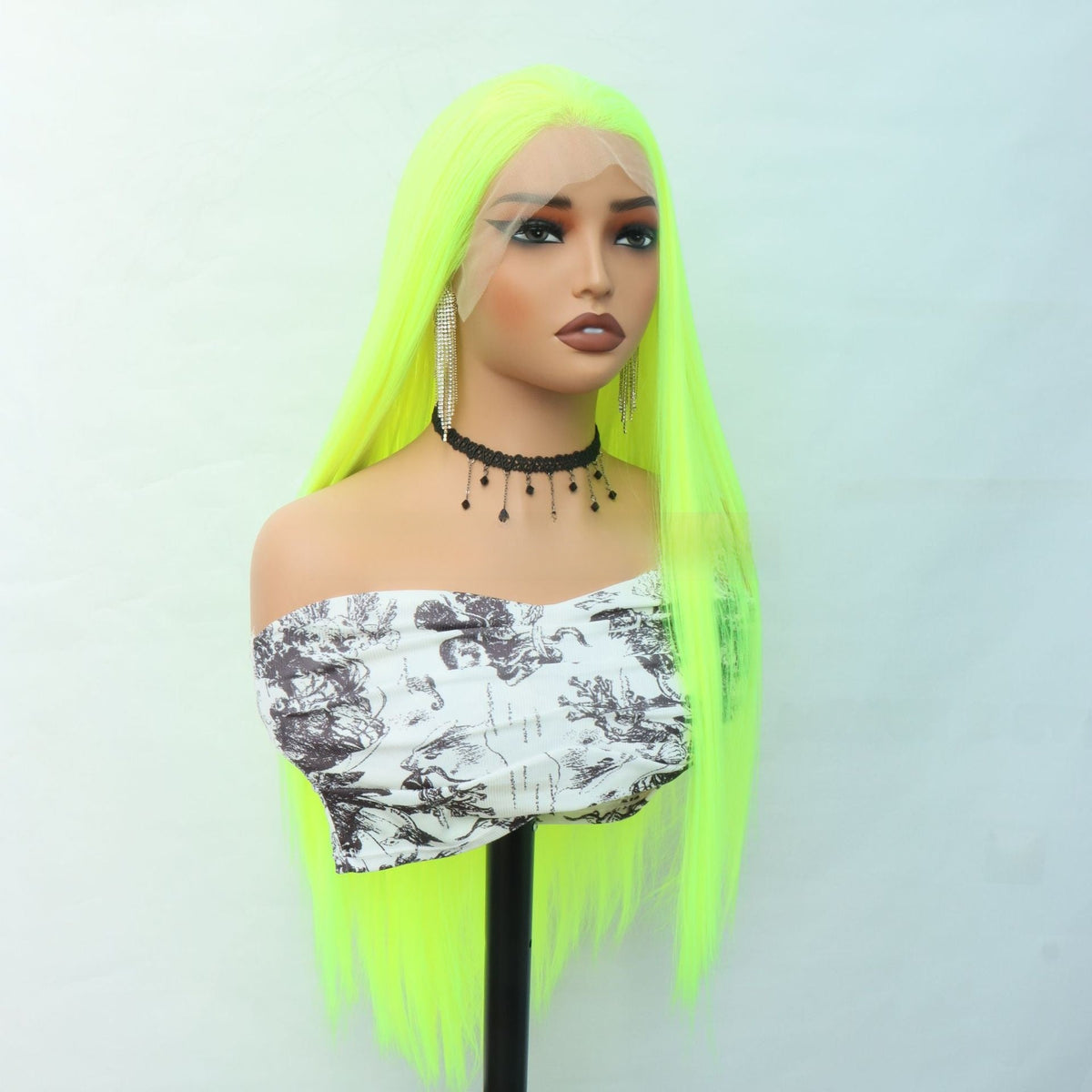 Lace Front Long Straight Synthetic Wig in neon green, with a sheer lace hairline and long, sleek strands.
