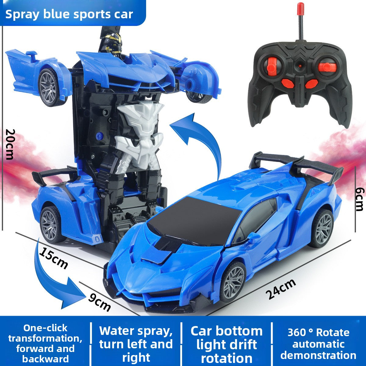Lambo Transforming Remote Control is a blue plastic sports car toy that converts into a robot, with a black wireless controller