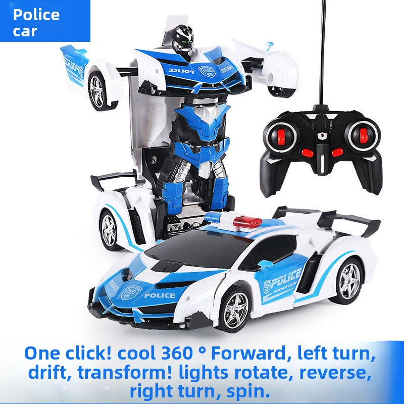 Lambo Transforming Remote Control police car toy in white and blue plastic, shown as a sports car and robot with controller