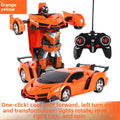 Lambo Transforming Remote Control toy car in bright orange plastic, shown as a sports car and robot with a black controller