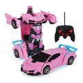 Lambo Transforming Remote Control toy with bright pink plastic sports car, robot mode, blue spoiler accents and black controller