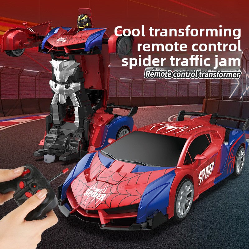 Lambo Transforming Remote Control toy car in red and blue plastic with spiderweb graphics, shown as a sports car and robot
