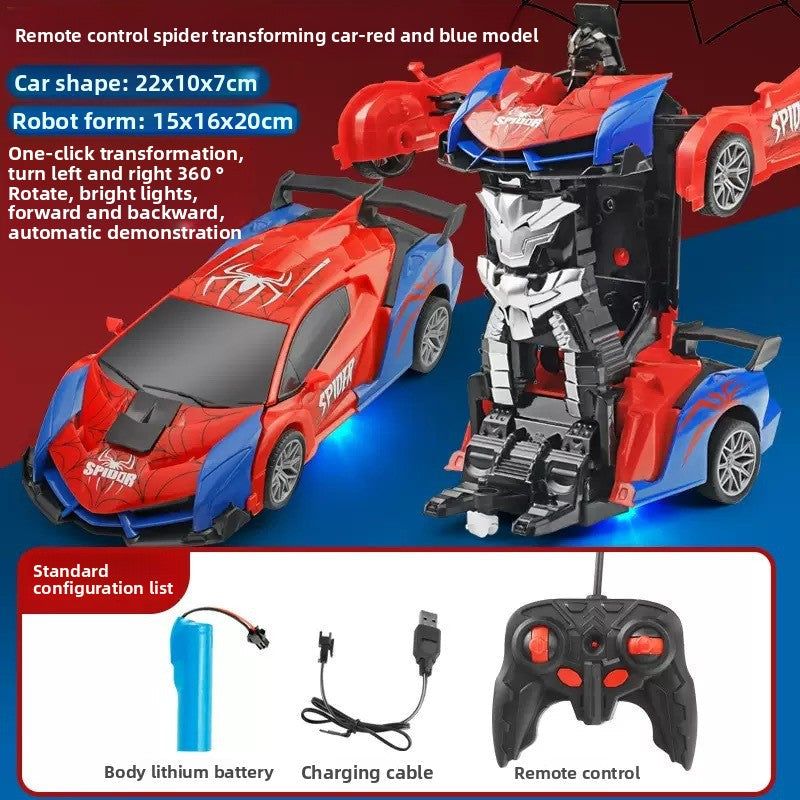 Lambo Transforming Remote Control toy car, red and blue plastic spider design shown as a sports car and robot with remote