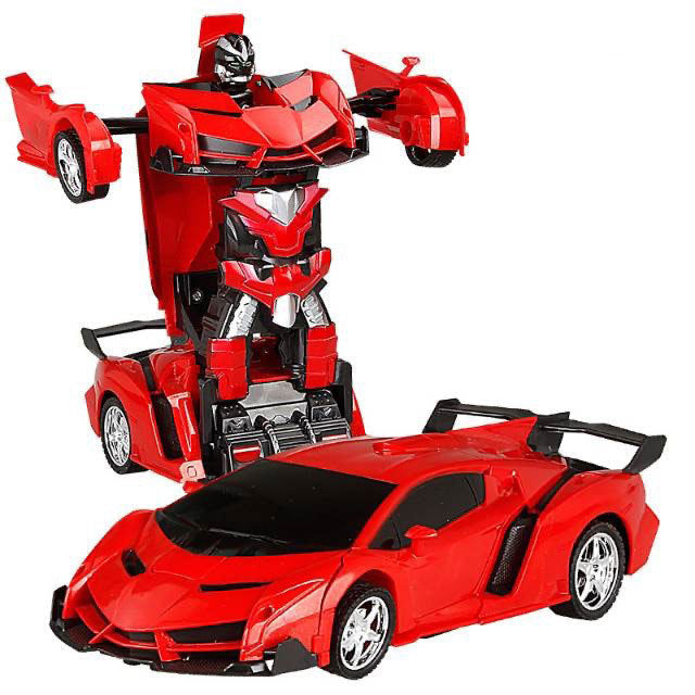 Lambo Transforming Remote Control toy car in red plastic, shown as a sleek sports car and an upright robot with black and silver details.