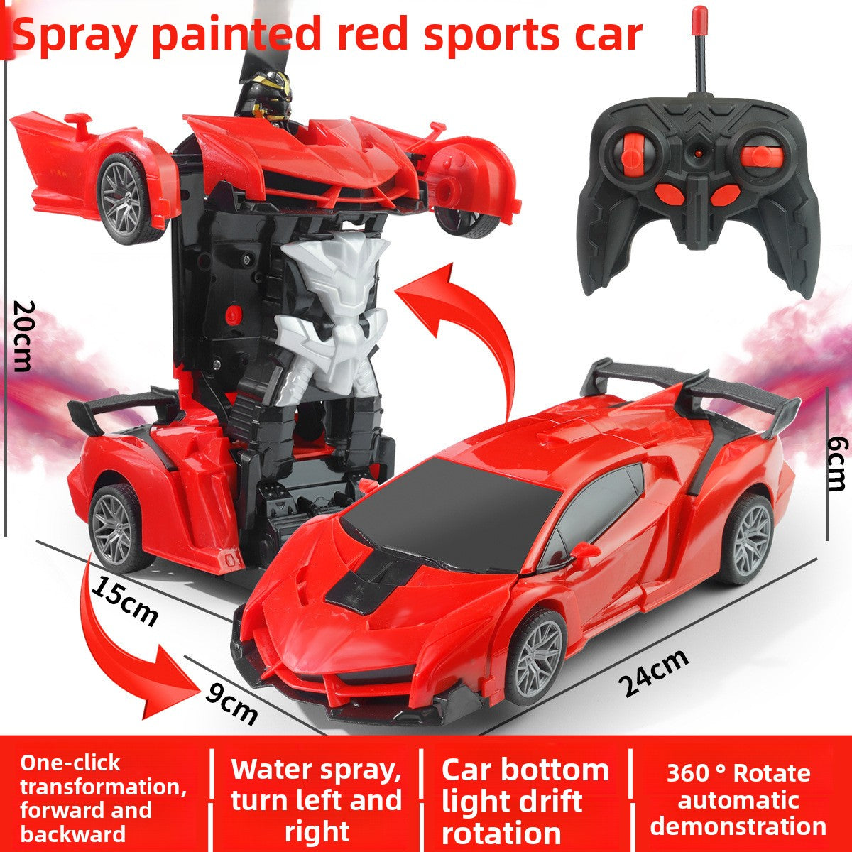 Lambo Transforming Remote Control toy car in glossy red plastic, shown as a sports car and upright robot with black controller