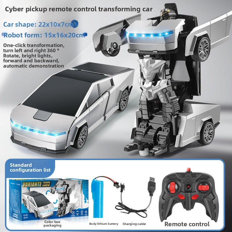 Lambo Transforming Remote Control featuring a silver cyber pickup toy car and matching robot with blue LED lights