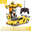 Lambo Transforming Remote Control toy car in yellow plastic, shown as a sleek sports car and robot with a black controller