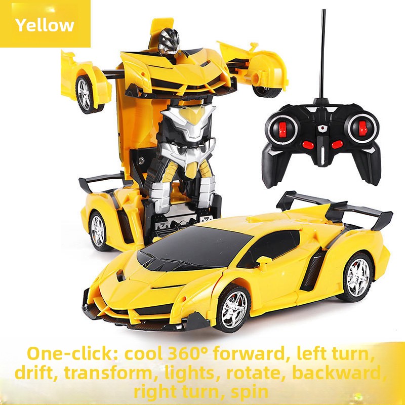 Lambo Transforming Remote Control toy car in yellow plastic, shown as a sleek sports car and robot with a black controller