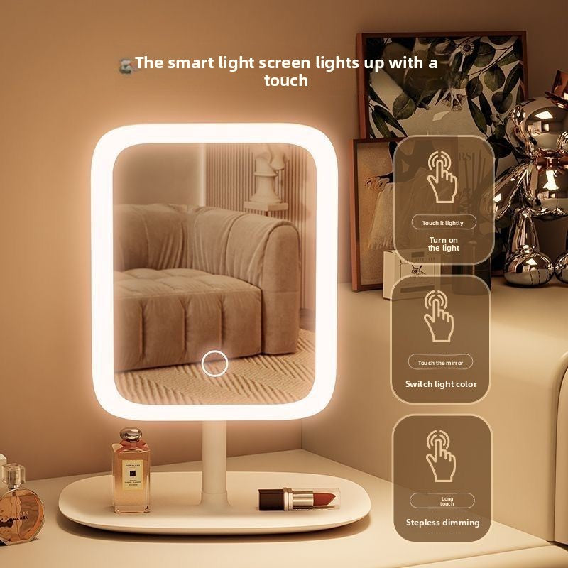 LED Desktop Smart Makeup Mirror with a cream-white plastic frame, rounded-square shape and illuminated touch-sensitive border for dimming adjustment