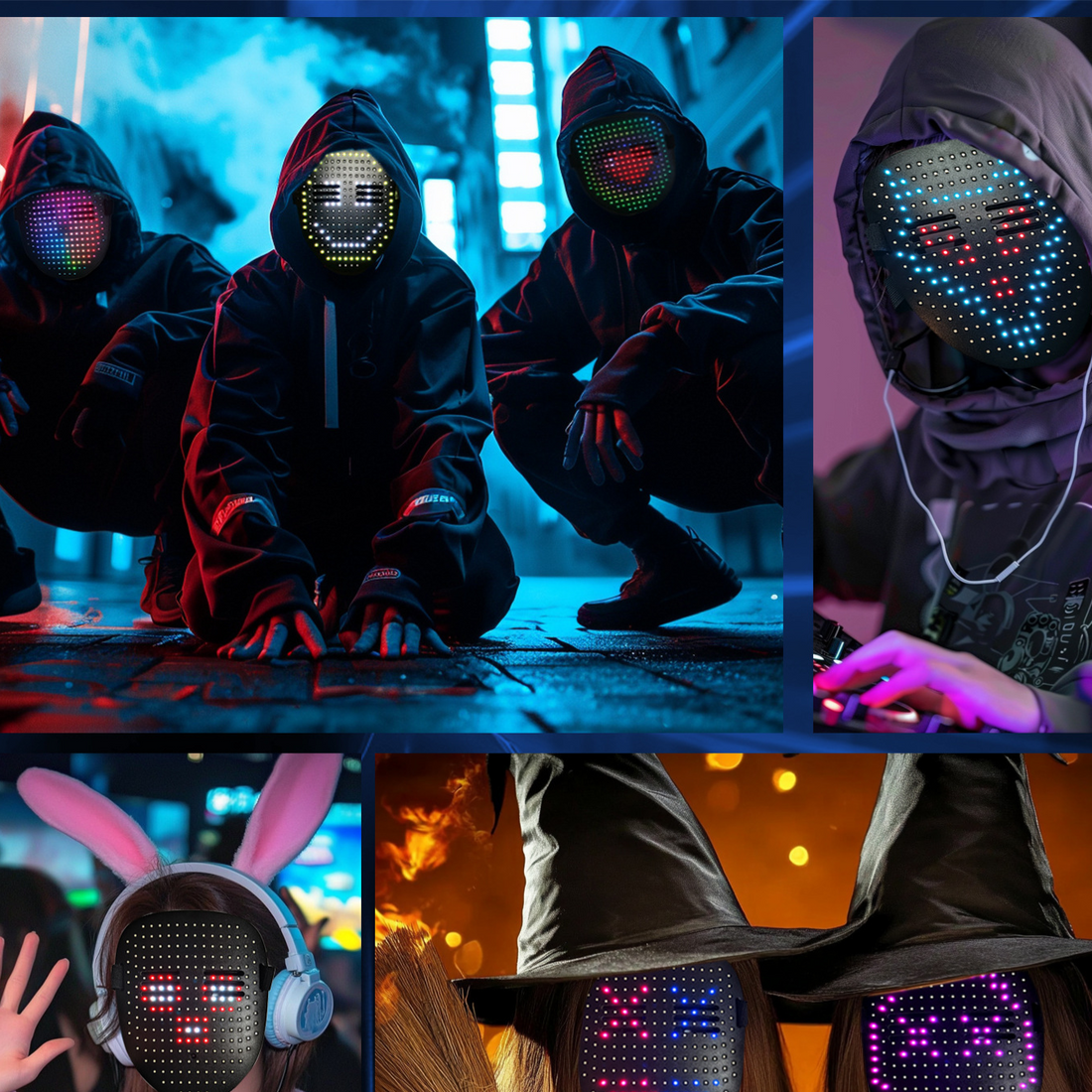 LED Gesture Control Halloween Face Mask with black plastic shell, displaying multicolored dotted lights in a hooded design.