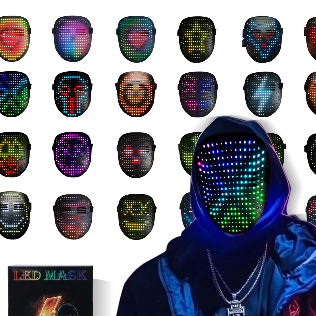 LED Gesture Control Halloween Face Mask with black plastic shell, displaying multicolored dotted lights in a hooded design.