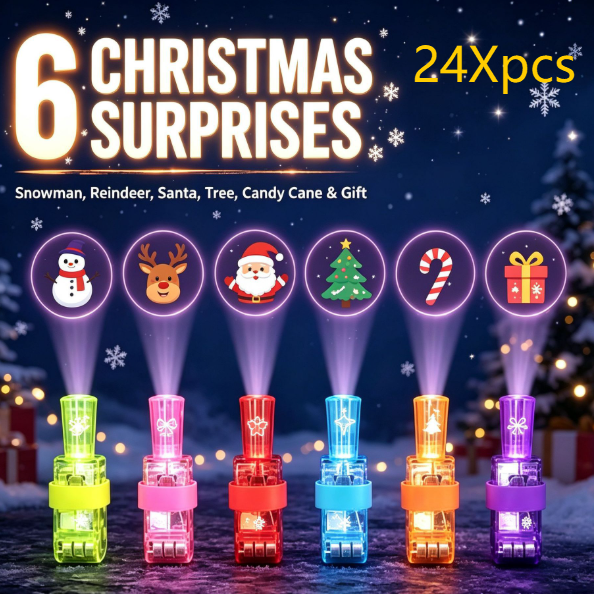 LED glowing ring finger lights in six translucent colors, each projecting a Christmas icon such as a snowman, reindeer or tree