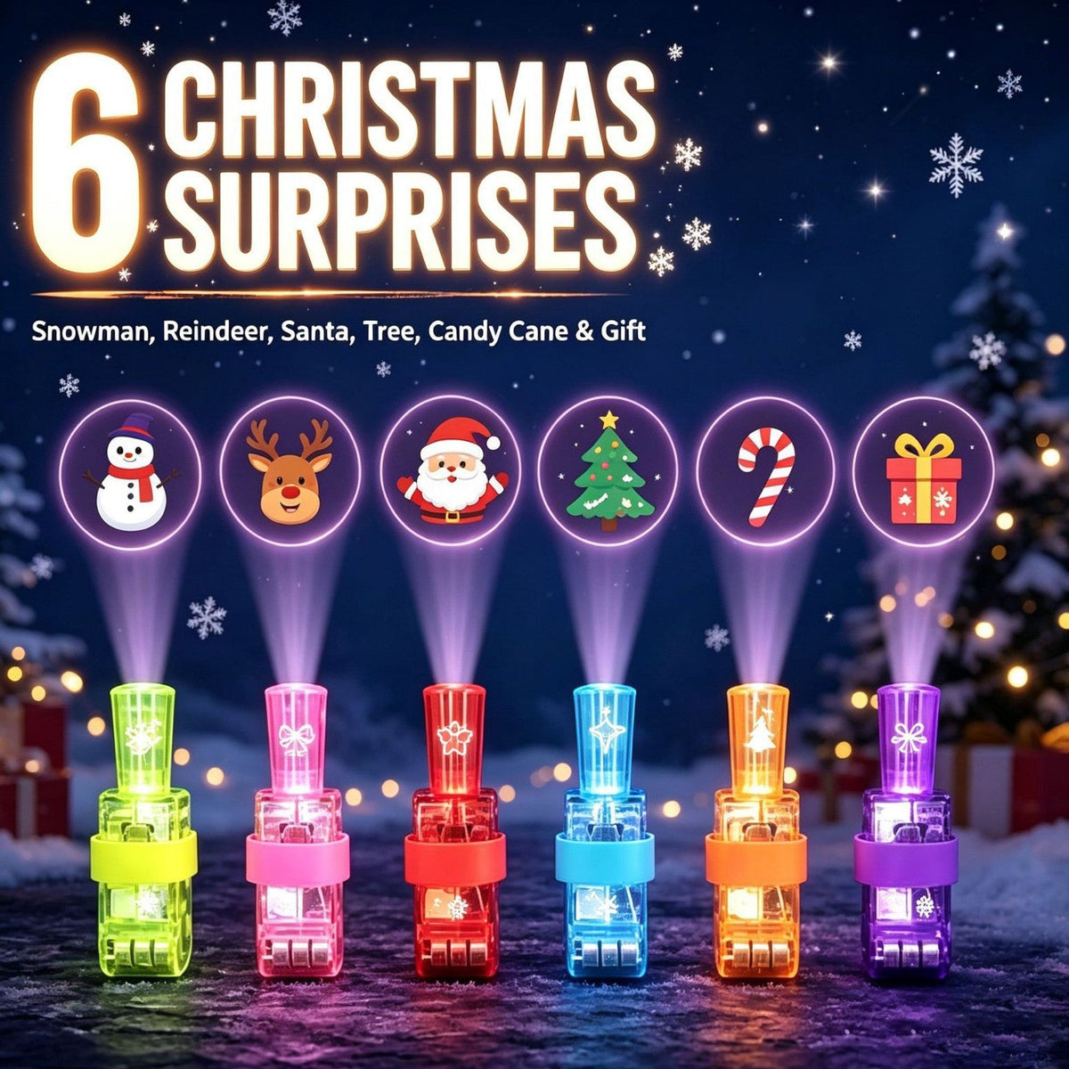 LED glowing ring finger lights in six bright colors, projecting Christmas icons including a snowman, reindeer, Santa, tree, candy cane and gift