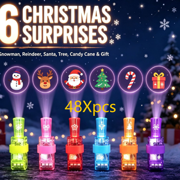 LED glowing ring finger lights in neon green, pink, red, blue, orange and purple, projecting six Christmas icons