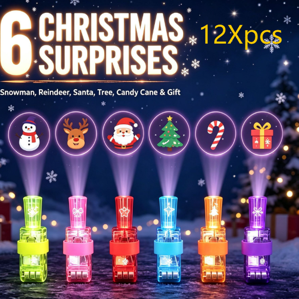 LED glowing ring set with six translucent colorful finger lights projecting Christmas characters and holiday symbols
