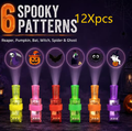 LED glowing ring set with six translucent colorful finger lights projecting spooky reaper, pumpkin, bat, witch, spider and ghost patterns