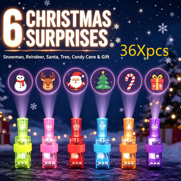 LED glowing ring in six translucent colours, projecting Christmas icons including a snowman, reindeer, Santa, tree, candy cane and gift