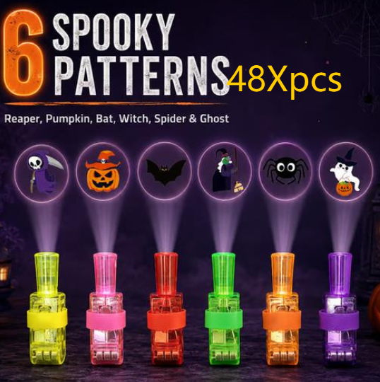 LED glowing ring set with six translucent yellow, pink, red, green, orange and purple lights projecting spooky Halloween designs