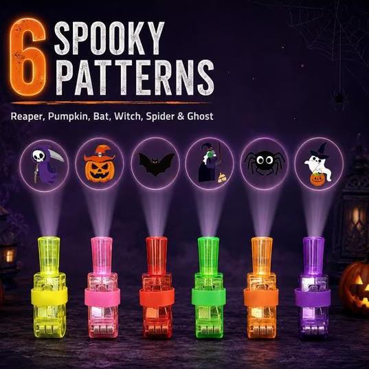 LED glowing ring in bright yellow, pink, red, green, orange, and purple plastic, with Halloween pattern projections for six spooky designs