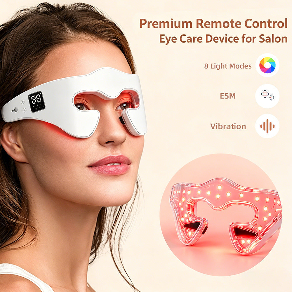 Eye massager with LED Red Blue Light, white curved shell, black display and glowing red light panels over the eyes