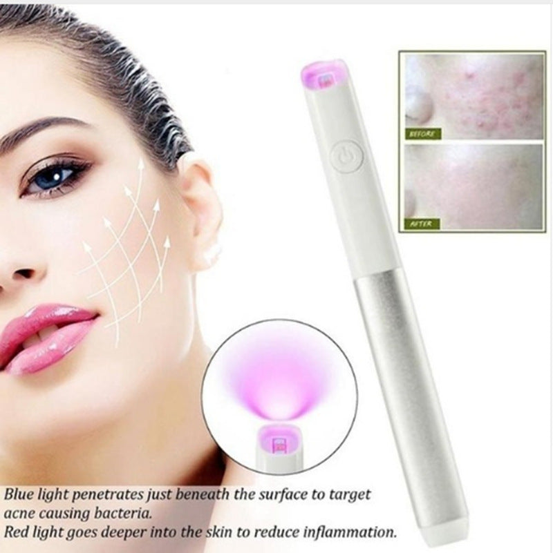 LED acne treatment pen with a white cylindrical body, round power button and glowing pink-purple LED tip; LED Red Blue Light technology.