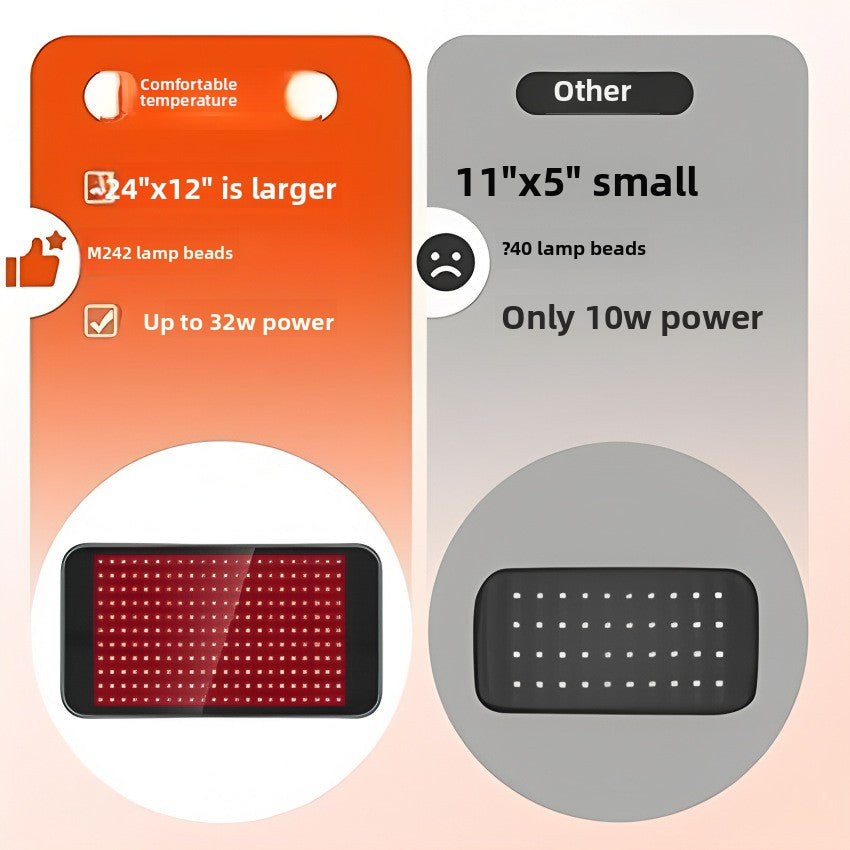 LED Red Light Therapy belt in black and gray with a wide flexible pad and red LED panel, shown covering the back