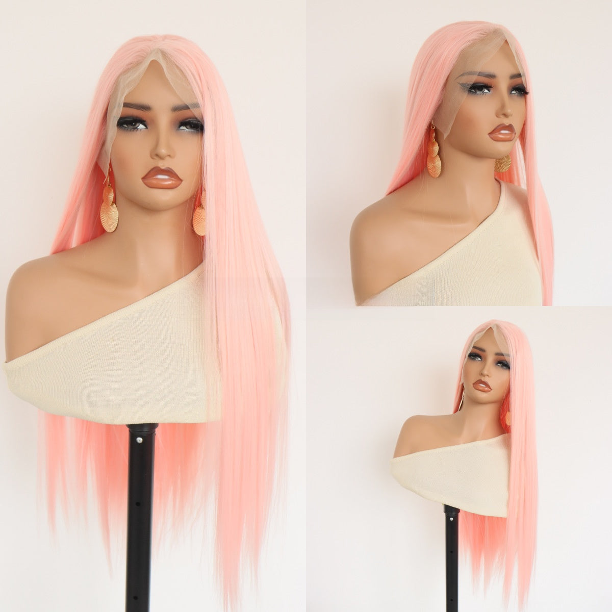 Light Pink Lace Front wig with sleek, long straight synthetic strands, a pale pink finish and realistic lace hairline