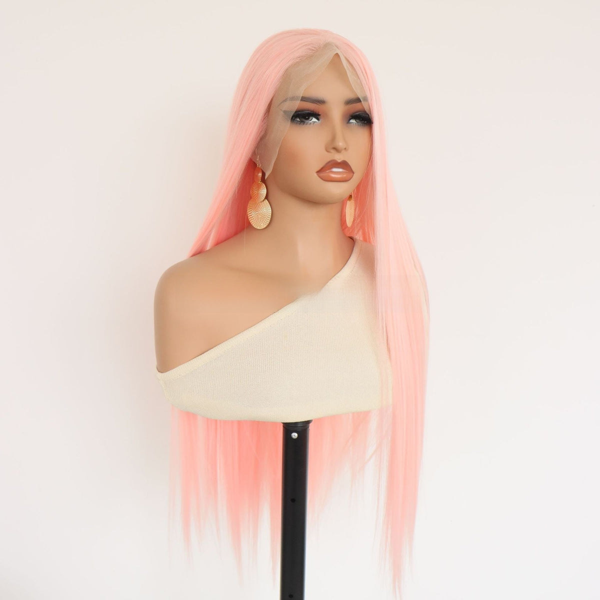Light Pink Lace Front synthetic wig with long, straight pastel pink hair, a center part, and sheer lace hairline.