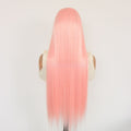 Light Pink Lace Front wig with sleek, long straight synthetic strands in a soft pastel pink shade and blunt ends