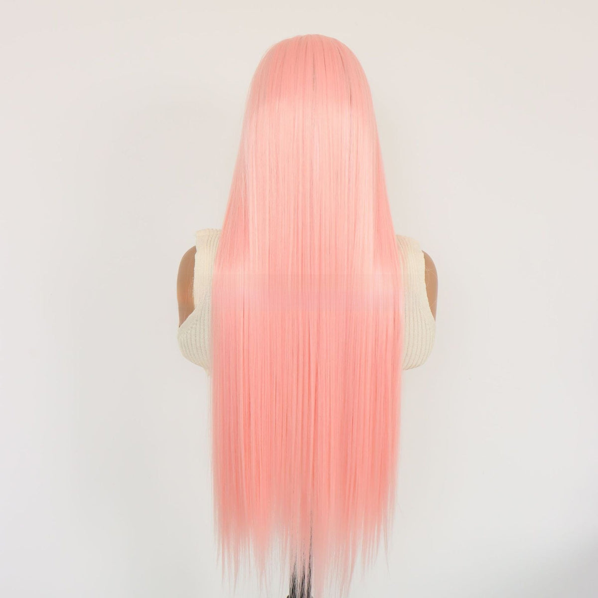 Light Pink Lace Front wig with sleek, long straight synthetic strands in a soft pastel pink shade and blunt ends