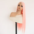 Light Pink Lace Front wig with long, straight synthetic strands, a smooth light pink finish and a natural-looking hairline.