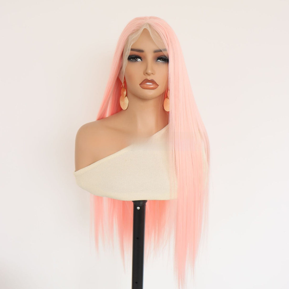 Synthetic wig in Light Pink Lace Front styling, with long straight pastel pink hair and a pale blonde center part.