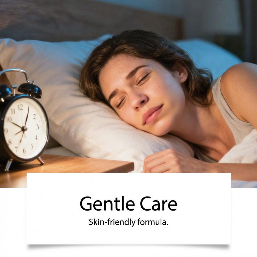 Lip Shaped Self Adhesive Bandage shown in a gentle-care product graphic beside a sleeping woman, with skin-friendly formula text