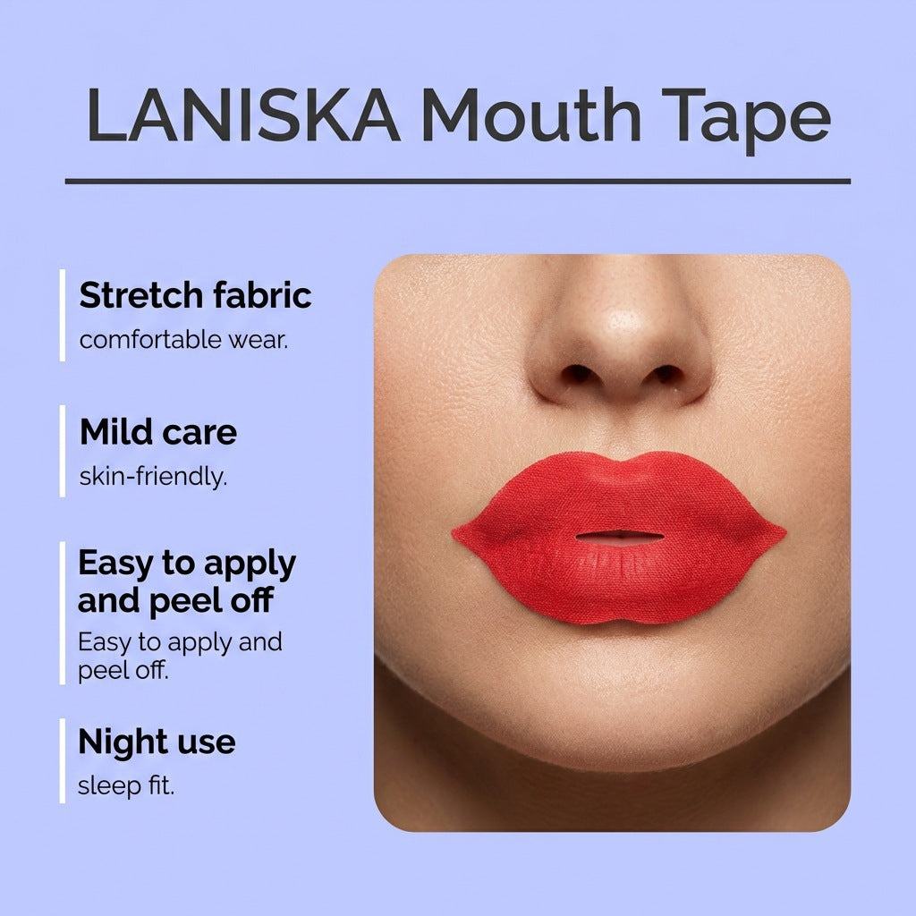 Lip Shaped Self Adhesive Bandage in bright red stretch fabric, shaped like lips and shown covering a person's mouth