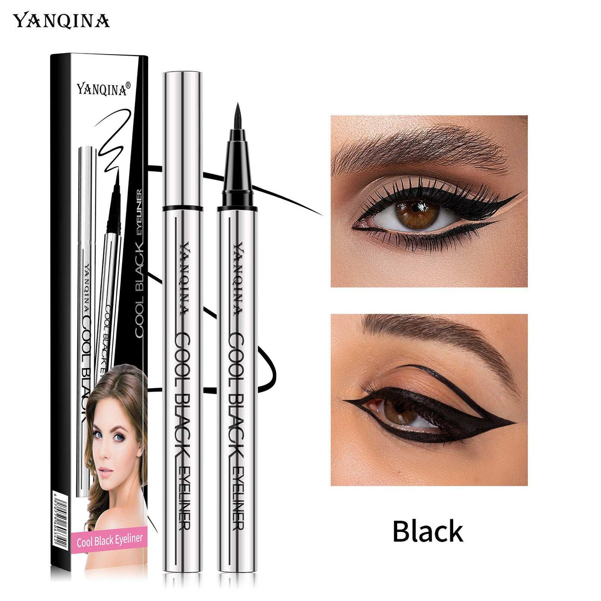 Liquid Eyeliner Pen in a slim black-and-silver tube with matching box, fine pointed tip and bold winged eye examples