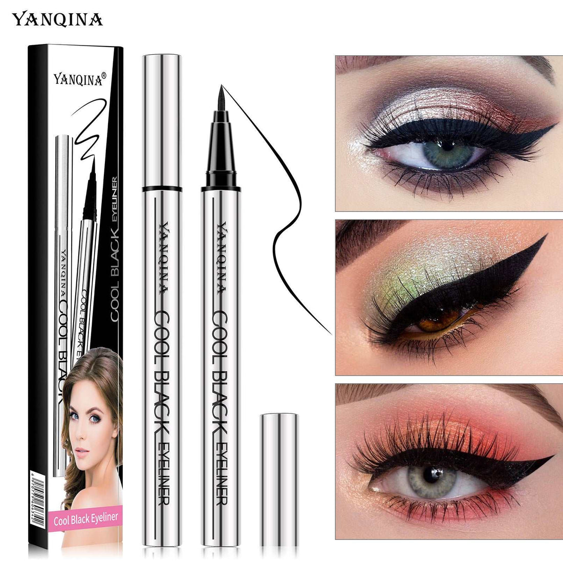 Liquid Eyeliner Pen with silver barrel, black cap and fine pointed tip, shown with bold winged eyeliner looks