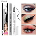 Liquid Eyeliner Pen with silver barrel, black cap and fine pointed tip, shown with bold winged eyeliner looks