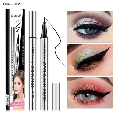 Liquid Eyeliner Pen with silver barrel, black cap and fine pointed tip, shown with bold winged eyeliner looks