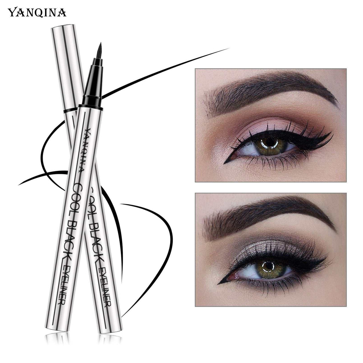 Liquid Eyeliner Pen with a silver barrel and black precision tip, shown beside two examples of bold winged eyeliner.
