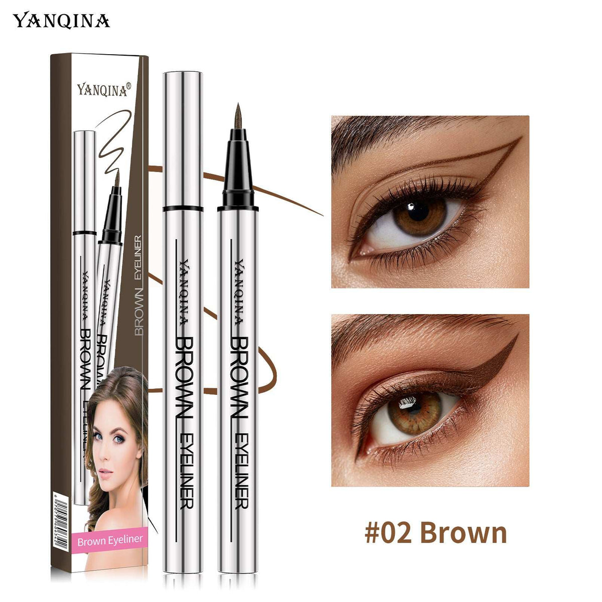 Liquid Eyeliner Pen in metallic silver with a fine black tip, shown with brown winged eyeliner looks and packaging
