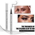 Liquid Eyeliner Pen in a silver tube with a fine black tip, shown beside examples of defined winged eyeliner.
